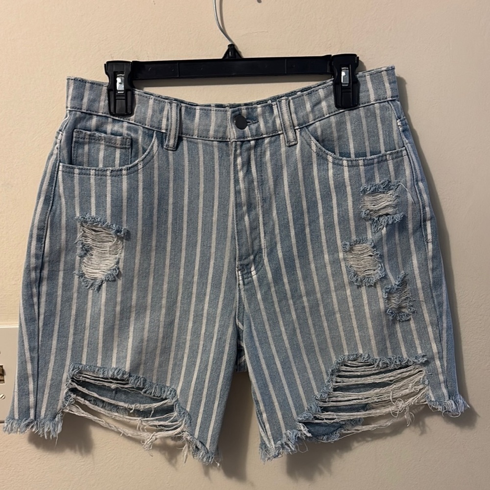 Fashion Nova Blue and White Striped Jean Shorts